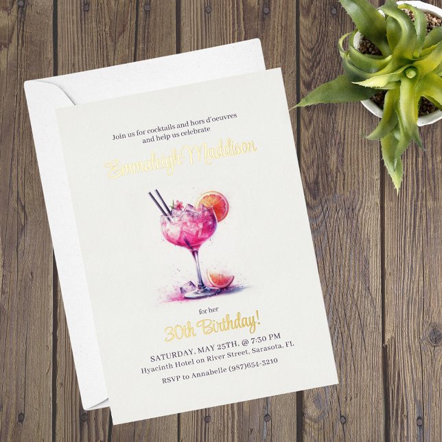 Pretty in Pink Theme Cocktail Birthday Foil Invitation (Creator Uploaded)