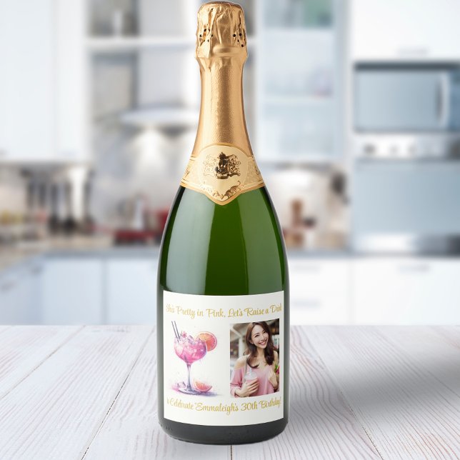 Pretty in Pink Theme Cocktail Birthday Sparkling Wine Label (Creator Uploaded)
