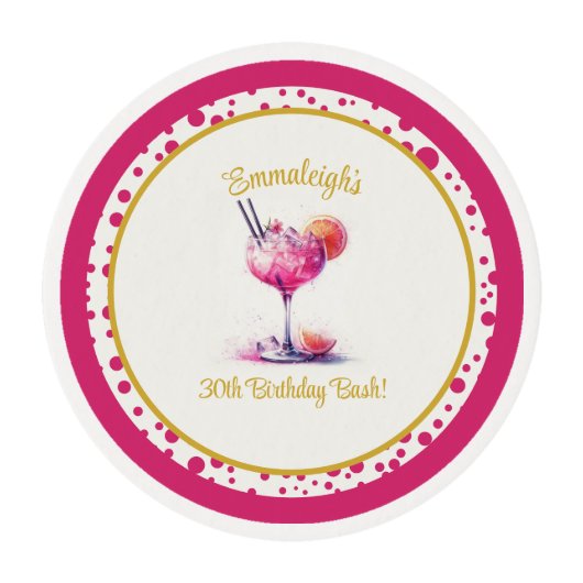 Pretty in Pink Themed Cocktail Birthday Edible Frosting Rounds (Front)