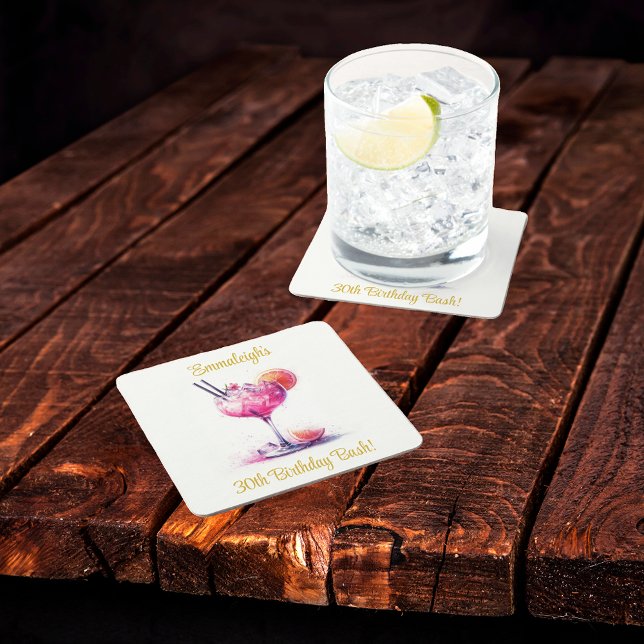 Pretty in Pink Themed Cocktail Birthday Square Paper Coaster (Creator Uploaded)