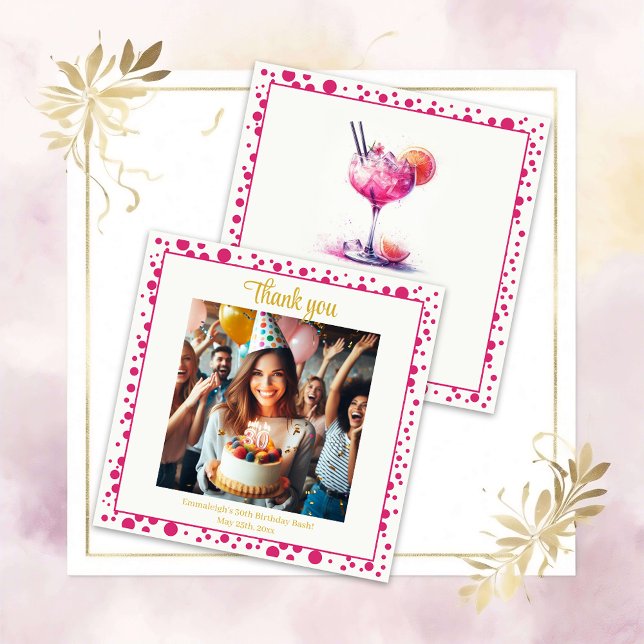 Pretty in Pink Themed Cocktail Birthday Thank You Card (Creator Uploaded)