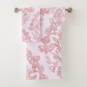 Pretty in Pink Victorian Damask Watercolor Pattern Bath Towel Set