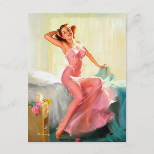 Pretty in pink Vintage Pin up  postcard