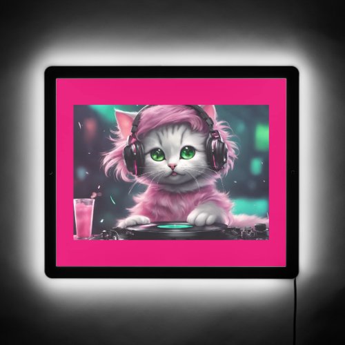 Pretty In Pink W Green Eyed DJ Kitten Illuminated LED Sign