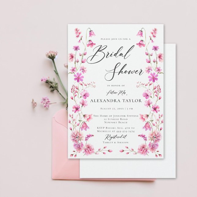 Pretty in Pink Wildflower Boho Frame Bridal Shower Invitation (pretty in pink wildflowers boho frame bridal shower invitation elegant rustic romantic feminine)