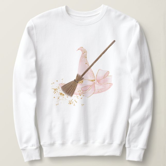 Pretty In Pink Witch Hat and Broom, Sweatshirt (Design Front)