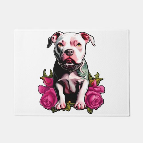 Pretty in Pittbull Pink Rose Tattoo Style Graphic  Doormat