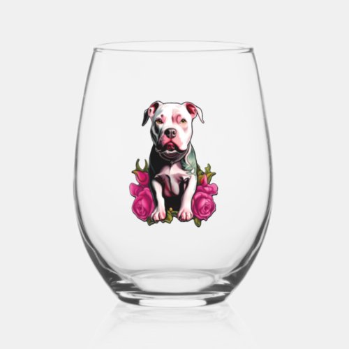 Pretty in Pittbull Pink Rose Tattoo Style Graphic  Stemless Wine Glass