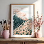 Pretty In Prink Floral Meadow Landscape Scenery Poster<br><div class="desc">Gorgeous original oil painting art print capturing a beautiful countryside landscape with rolling hilltops adorn with blush pink floral meadows and trees with soft blush pink canopies. Soft airy tones are paired with deep green to create the this calm and peaceful ambiance. All illustrations are hand drawn original artwork by...</div>