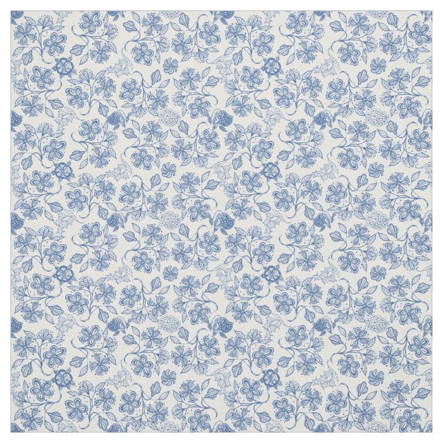 Pretty Indigo Blue Ethnic Floral Print Fabric (Swatch)