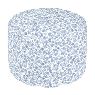 Pretty Indigo Blue Ethnic Floral Print Round Pouf