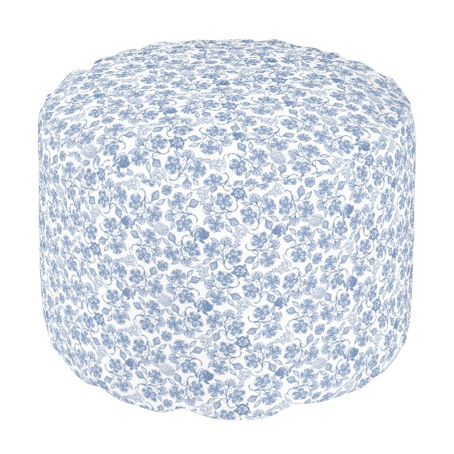 Pretty Indigo Blue Ethnic Floral Print Round Pouf (Angled Back)