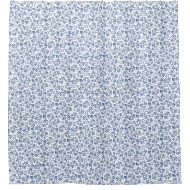 Pretty Indigo Blue Ethnic Floral Print Shower Curtain (Front)