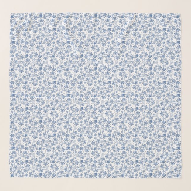 Pretty Indigo Blue on White Ethnic Floral Print Scarf (Front)