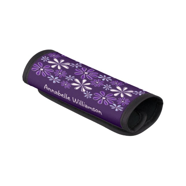 Pretty Indigo Violet Botanical Flower Pattern Name Luggage Handle Wrap (Angled)