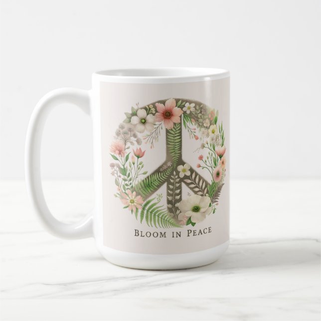 Pretty Initials Retro "Bloom in Peace" Peace Sign Coffee Mug (Left)