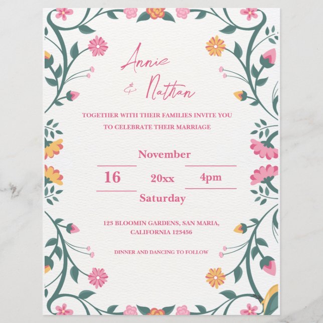 Pretty Intricate Floral Frame Wedding  Invitation (Front)