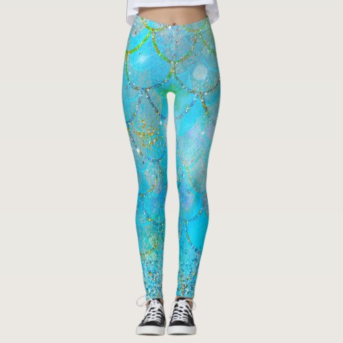 Pretty Iridescent Blue Shimmer Mermaid Scales Leggings