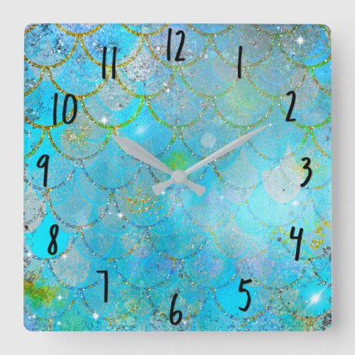 Pretty Iridescent Blue Shimmer Mermaid Scales Square Wall Clock