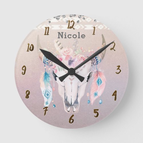 Pretty Iridescent Boho Chic Floral Rustic Custom Round Clock