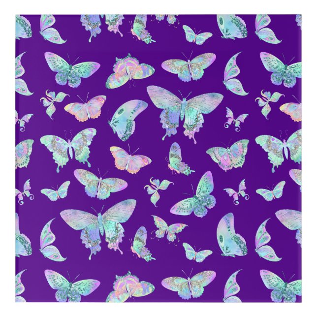 Pretty Iridescent Butterflies on Purple Acrylic Print (Front)