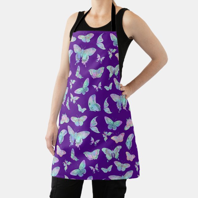 Pretty Iridescent Butterflies on Purple Apron (Insitu)