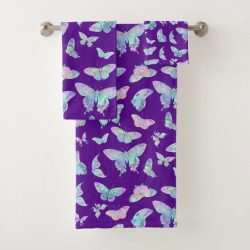 Pretty Iridescent Butterflies on Purple Bath Towel Set