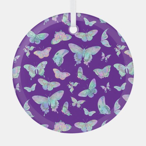 Pretty Iridescent Butterflies on Purple Christmas Glass Ornament