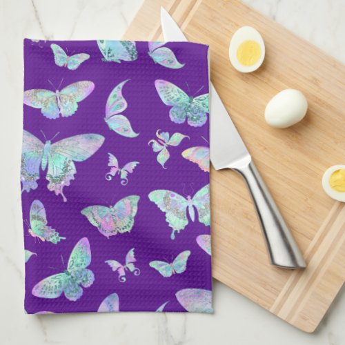 Pretty Iridescent Butterflies on Purple Kitchen Towel