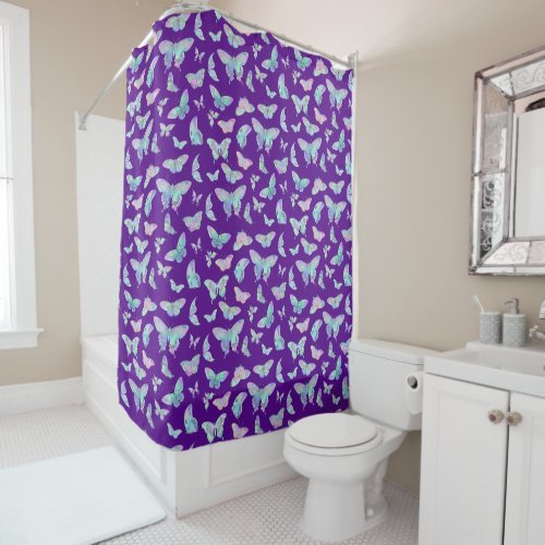 Pretty Iridescent Butterflies on Purple Shower Curtain