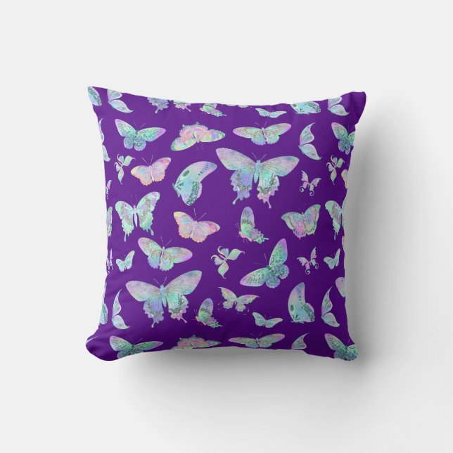 Pretty Iridescent Butterflies on Purple Throw Pillow (Front)