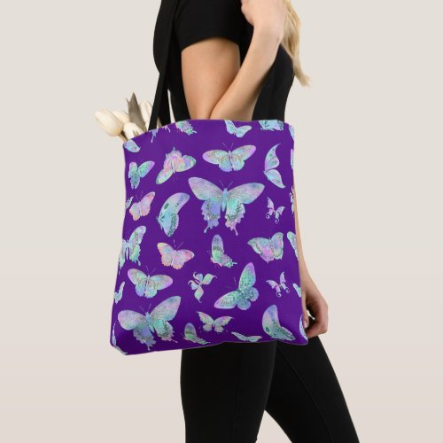 Pretty Iridescent Butterflies on Purple Tote Bag