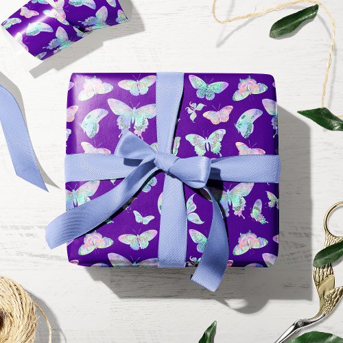 Pretty Iridescent Butterflies on Purple Wrapping Paper