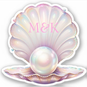 Pretty Iridescent Pearl Clamshell Pink Monogram  Sticker