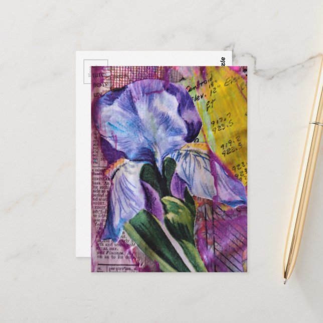 Pretty Iris Flower mixed media collage Postcard (Front/Back In Situ)