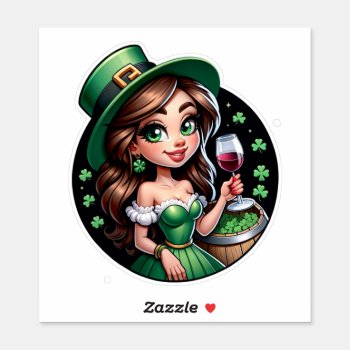 Pretty Irish Girl In Green With Shamrocks Sticker by Stickies at Zazzle