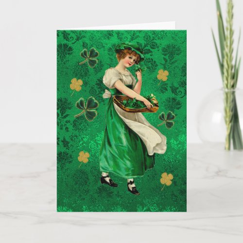 Pretty Irish Lassie Green  Gold Floral Shamrocks Card