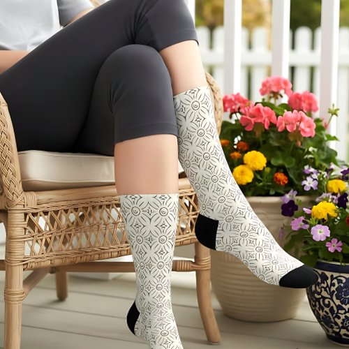 Pretty Ivory and Gray Floral Pattern Socks