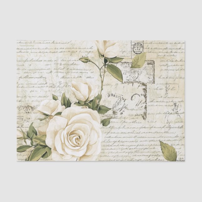 Pretty Ivory Roses with Simulated Text and Stamps Tissue Paper (Front)