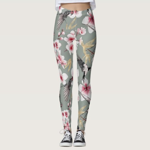 Pretty Japanese Pink Cherry Blossom Pattern Leggings