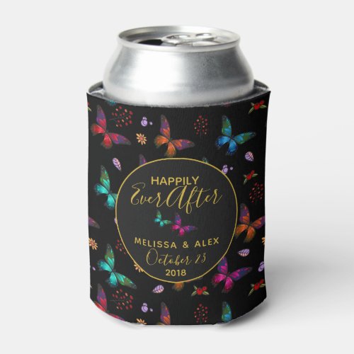 Pretty Jewel Tone Butterflies on Black Wedding Can Cooler