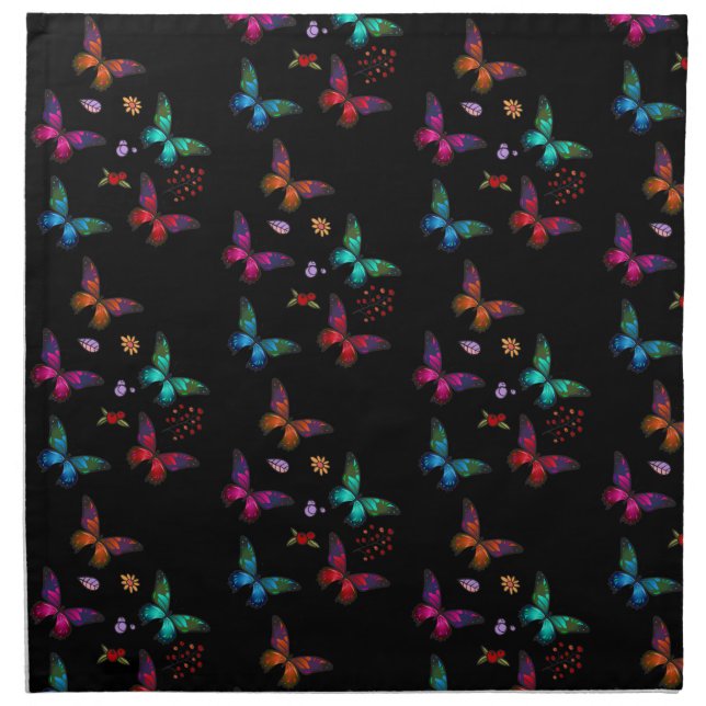Pretty Jewel Tone Butterflies Pattern on Black Napkin (Front)