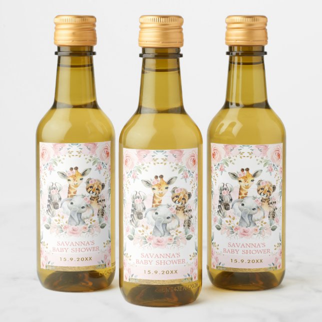 Pretty Jungle Animals Pink Blush Floral Favors Wine Label (Bottles)