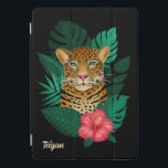 Pretty Jungle Leopard Floral Art | Black | Name<br><div class="desc">This stunning ipad cover features a hand drawn / painted leopard, with tropical jungle leaves and a bright pink hibiscus flower over a custom color background (shown in black). A text template is included for easy personalization. Modern, beautiful, and unique - makes a great gift! *Artwork / Illustration by Tracey...</div>