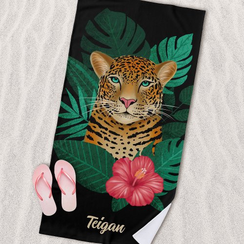 Pretty Jungle Leopard Floral Art  Black  Name Beach Towel