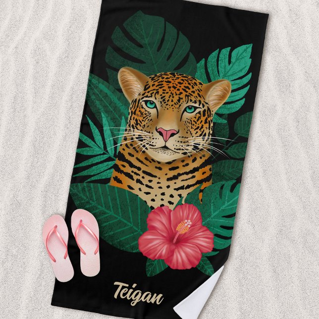 Pretty Jungle Leopard Floral Art | Black | Name Beach Towel (Creator Uploaded)