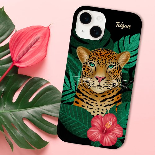 Pretty Jungle Leopard Floral Art  Black  Name Case_Mate iPhone 14 Case