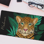 Pretty Jungle Leopard Floral Art | Black| Name Desk Mat<br><div class="desc">This stunning desk mat features a hand drawn / painted leopard, with tropical jungle leaves in shades of green over a custom color background (shown in black). A text template is included for easy personalization. Modern, beautiful, and unique - makes a great gift! *Artwork / Illustration by Tracey Khalei /...</div>