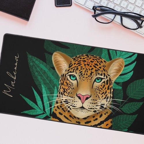 Pretty Jungle Leopard Floral Art  Black Name Desk Mat