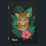 Pretty Jungle Leopard Floral Art | Black | Name iPad Pro Cover<br><div class="desc">This stunning ipad cover features a hand drawn / painted leopard, with tropical jungle leaves and a bright pink hibiscus flower over a custom color background (shown in black). A text template is included for easy personalization. Modern, beautiful, and unique - makes a great gift! *Artwork / Illustration by Tracey...</div>